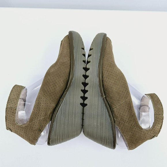 Fly London Yala Sandals 36 5.5 Perforated Suede Wedge Olive Green Taupe Peep Toe - Picture 8 of 13